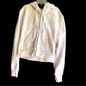 Brandy Melville Cropped Off-White/Light Pink Zip-Up Hoodie